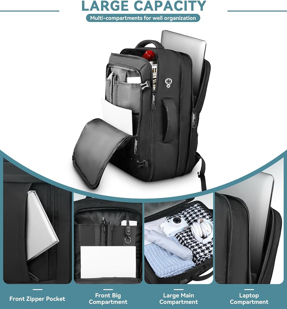 Lays flat for security + luggage strap